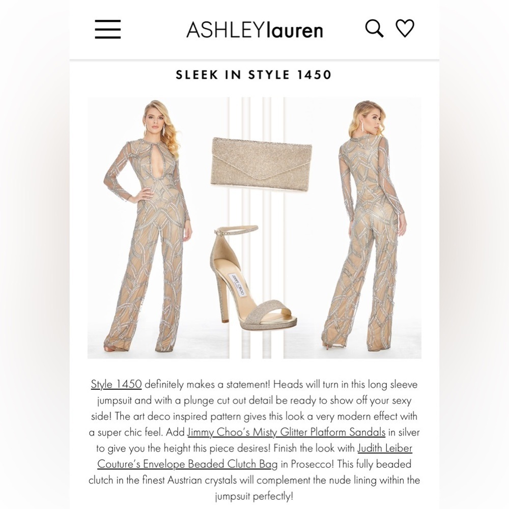 Ashley Lauren 1450 Sequin Jumpsuit Women’s Size 6 Silver & Beige Cut Out NWT - Picture 2 of 8